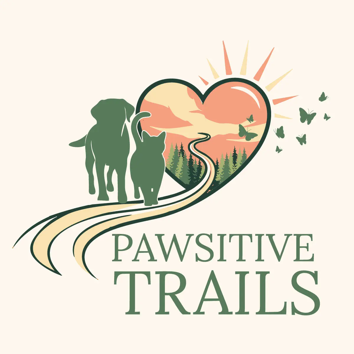 Logo featuring a dog, cat, and scenic trail with the text 'Pawsitive Trails'.