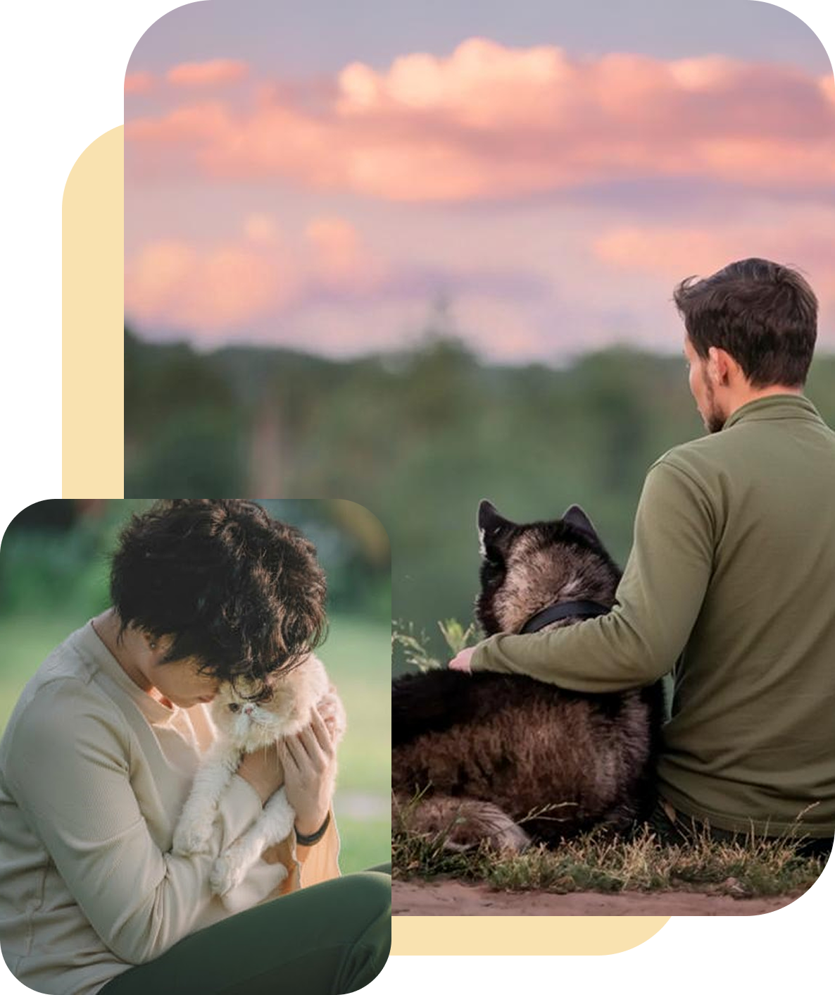 Man sitting outdoors with a dog at sunset.