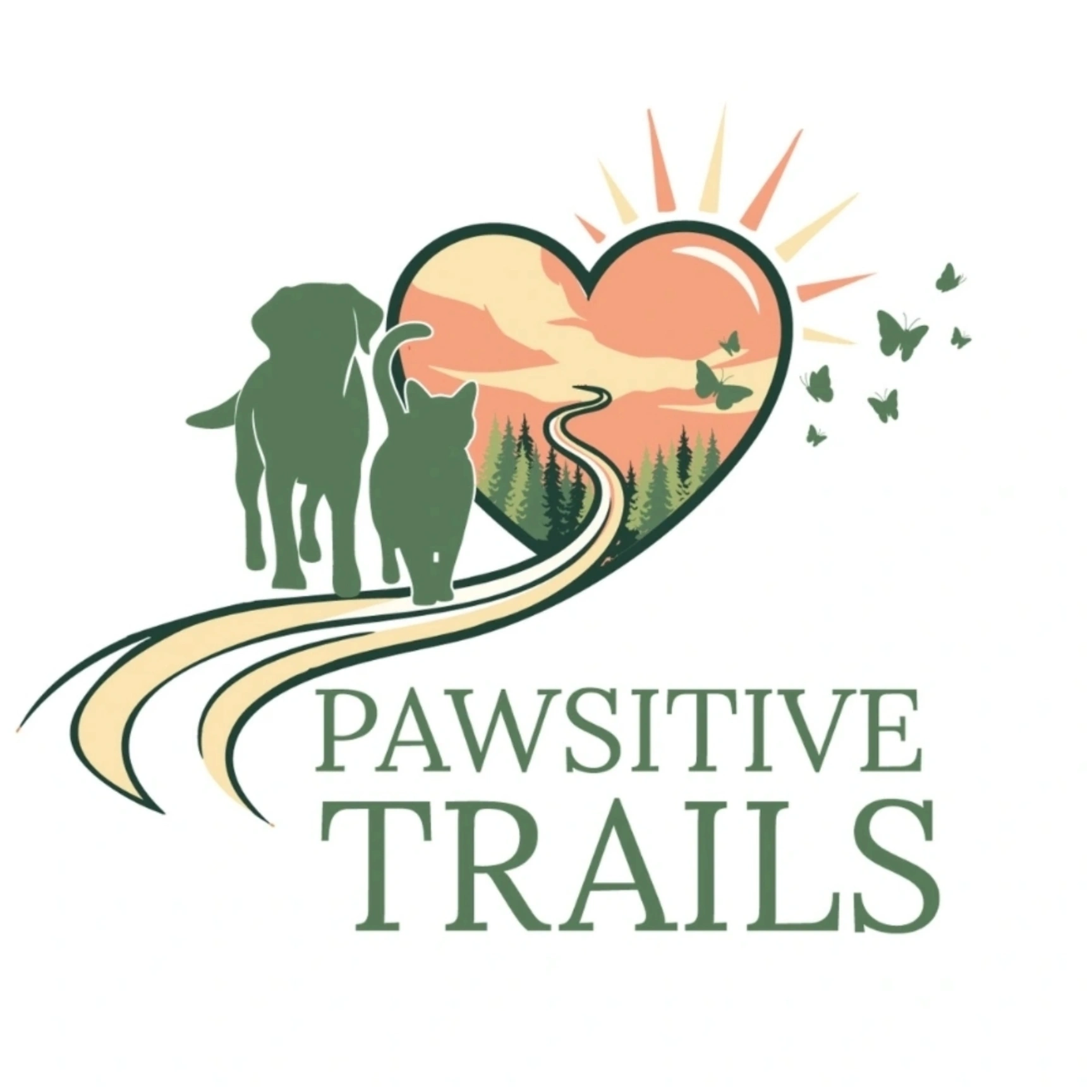 Logo of PawSitive Trails with an elephant and heart-shaped sunset.