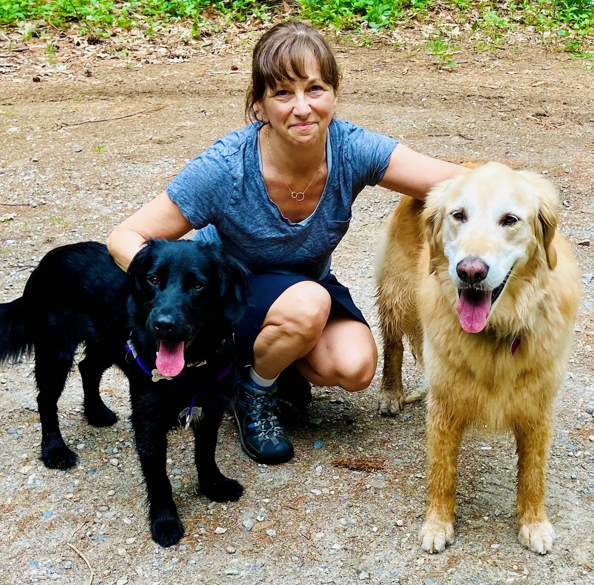 Woman crouching with two dogs, one black and one golden.