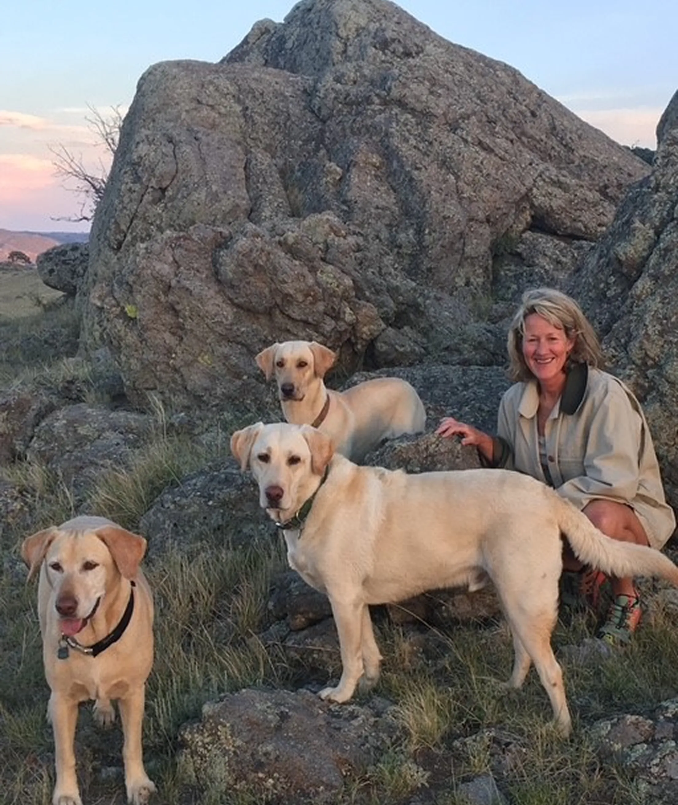 Person with three dogs posing on rocky terrain during sunset.